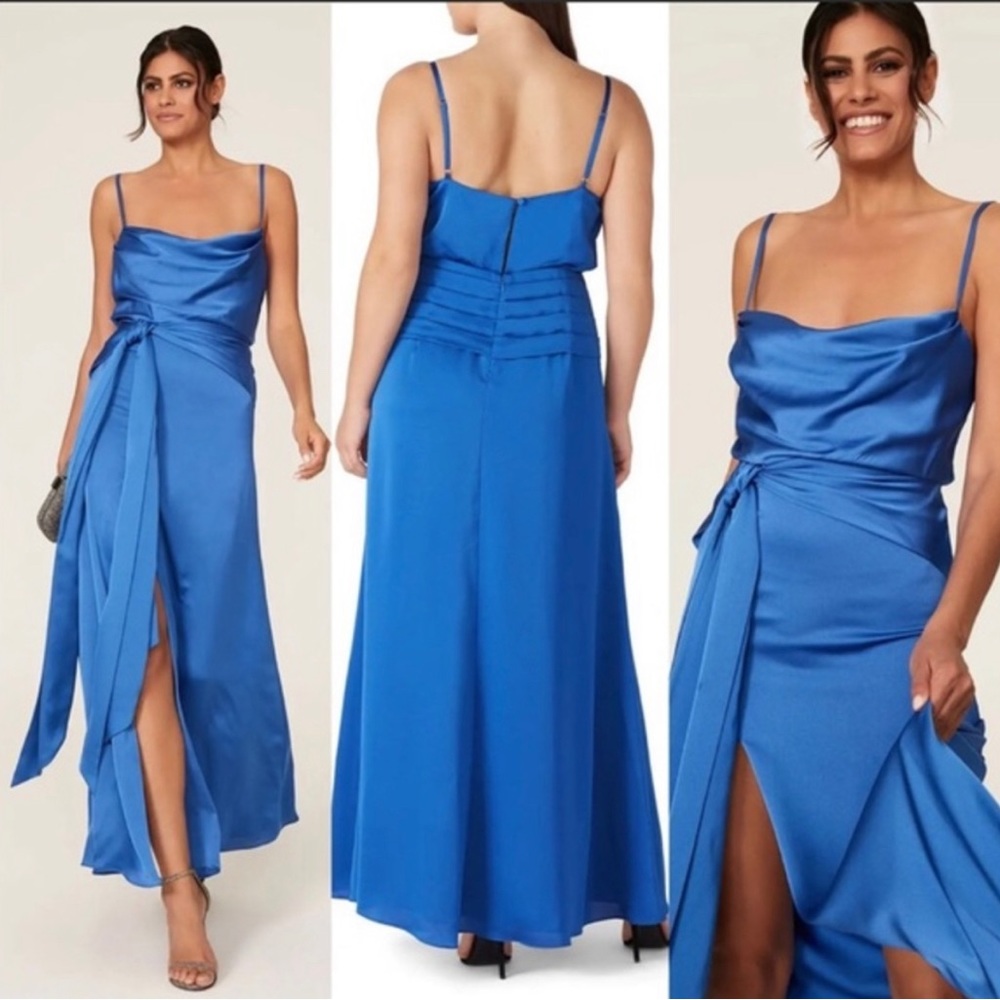 Fame & Partners The Anita Blue Satin Draped Maxi Dress 12